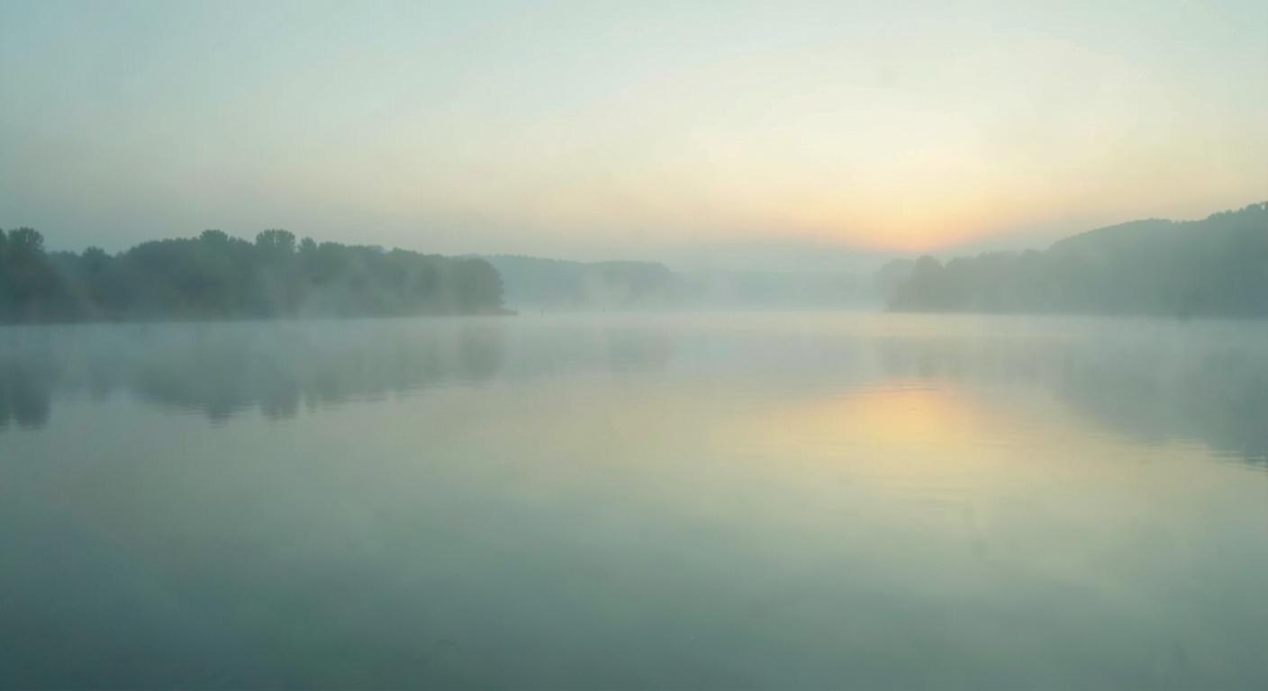 A still, misty lake at dawn with soft golden light